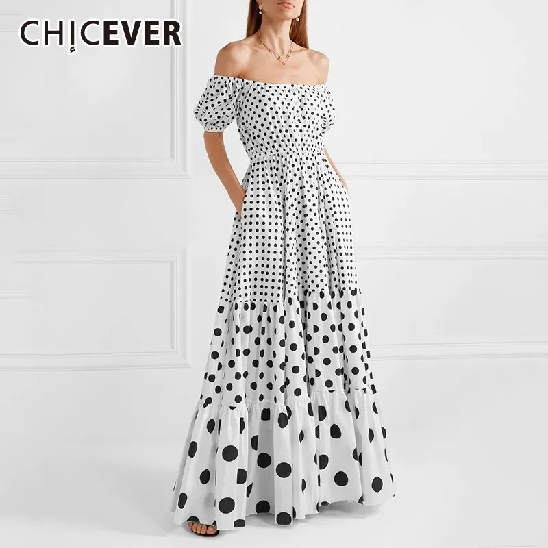 CHICEVER летнее повседневное лоскутное платье в горошек для женщин с вырезом лодочкой и коротким пышным рукавом с высокой талией ТРАПЕЦИЕВИДНОЕ платье в пол Новинка