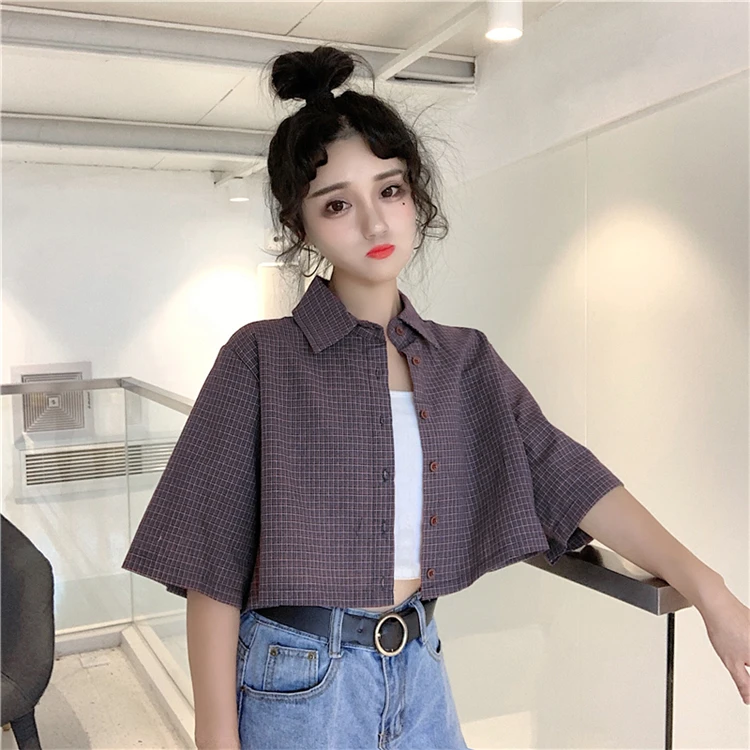 

vintage turn-down collar plaid loose summer style high quality Trend temperament ladies tops Women's Clothing Harajuku shirts