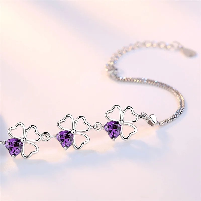 

SHQIYAYI Heart Clover Charm Bracelets For Women Purple Cubic Zirconia Fashion Jewelry Weddings Bride Party Gifts WG64