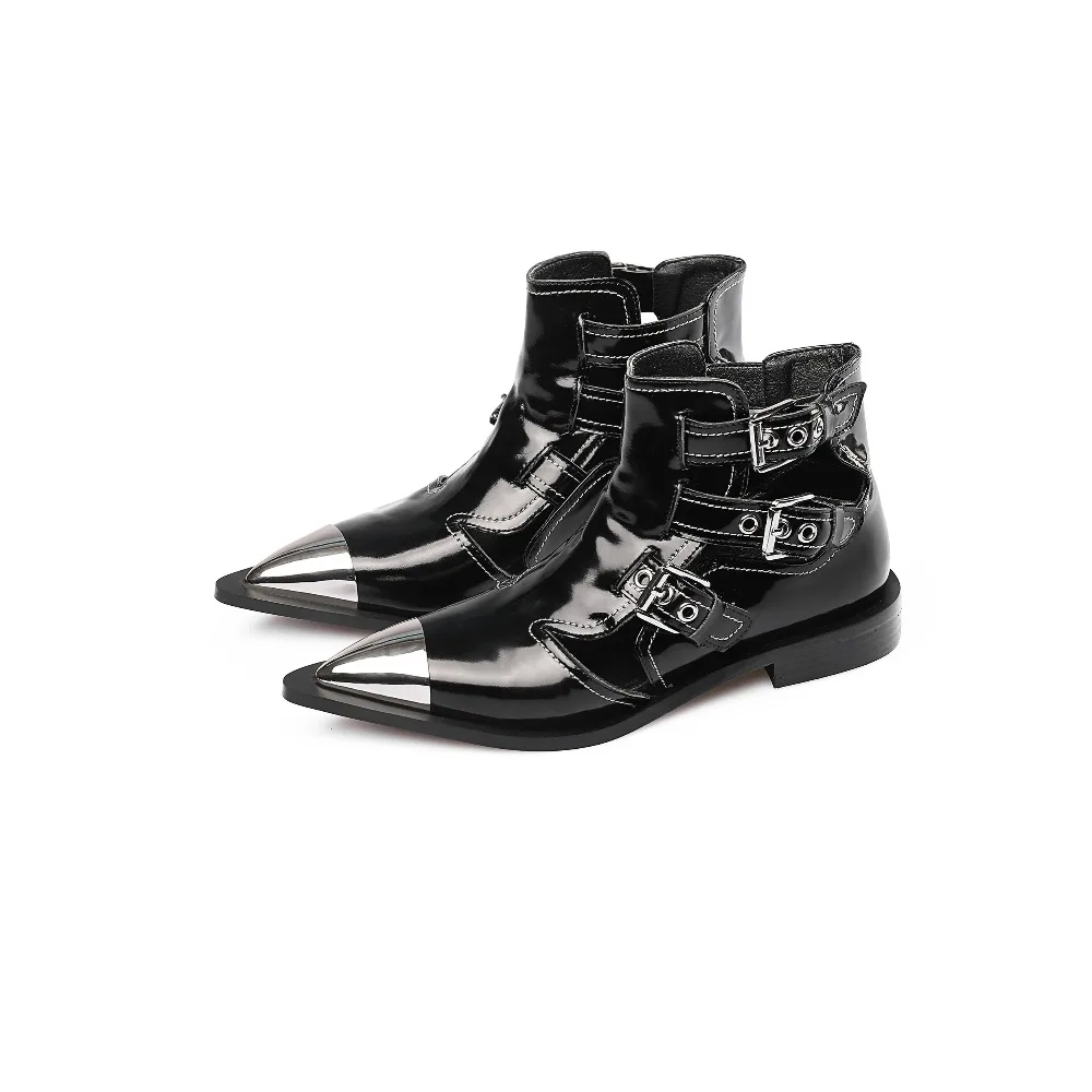 Studded Cow Leather Street Ankle Boots Buckles Women Flat Gladiator Boots Zapatos Mujer Ladies Punk Metal Toe Cap Shoes Size 43
