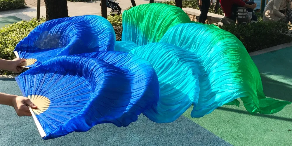 High selling 100% Real Silk Veils 1 Pair handmade women Quality Belly Dance Fan royal blue+turquoise+ green | Тематическая одежда