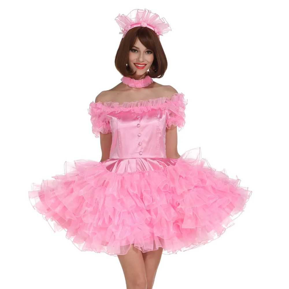 

Sissy Girl Off Shoulder Puffy Pink Dress Crossdressing Cosplay Costume