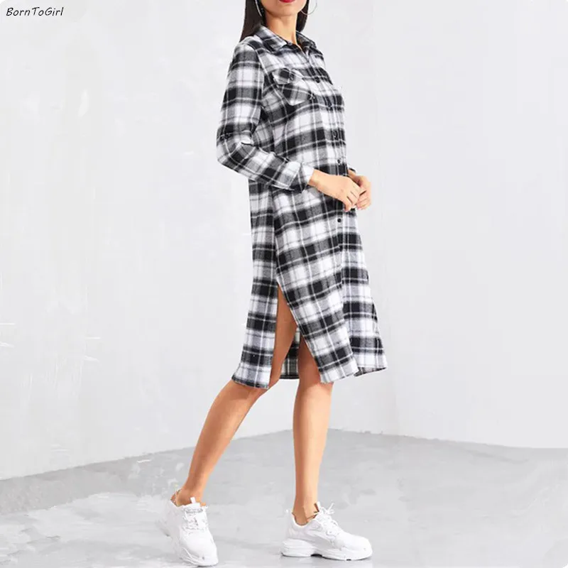 Фото BornToGirl/2019 осенне-зимнее клетчатое платье-рубашка в клетку женское Повседневное BornToGirl/2019 осенне-зимнее клетчатое платье-рубашка в клетку женское Повседневное