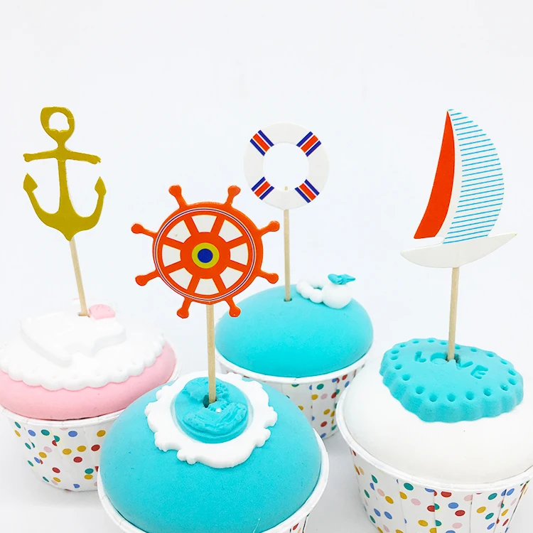 24 шт./лот парусная лодка и Якорь Дизайн торт/капкейк топперы мультфильм