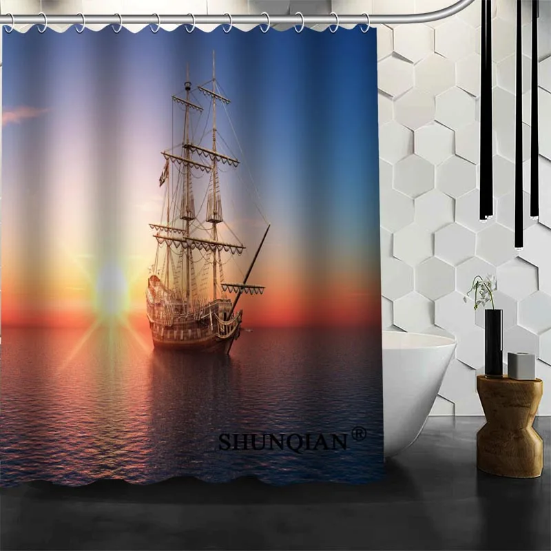 

Custom sea Shower Curtain High Quality bathroom Accessories Polyester Fabric Curtain With holes