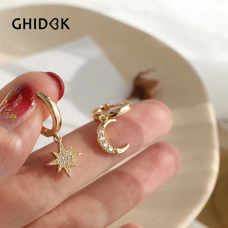 

GHIDBK Gold Tiny CZ Star & Moon Asymmetry Hoop Earring Little Starburst Cubic Zirconia Charm Earrings Unique Dainty Huggie Hoops