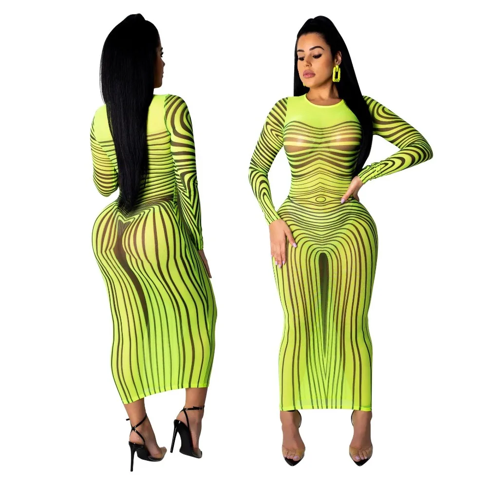 INMOTENG для женщин летние сетчатые See Through Stripes осень Прозрачный Bodycon миди платье