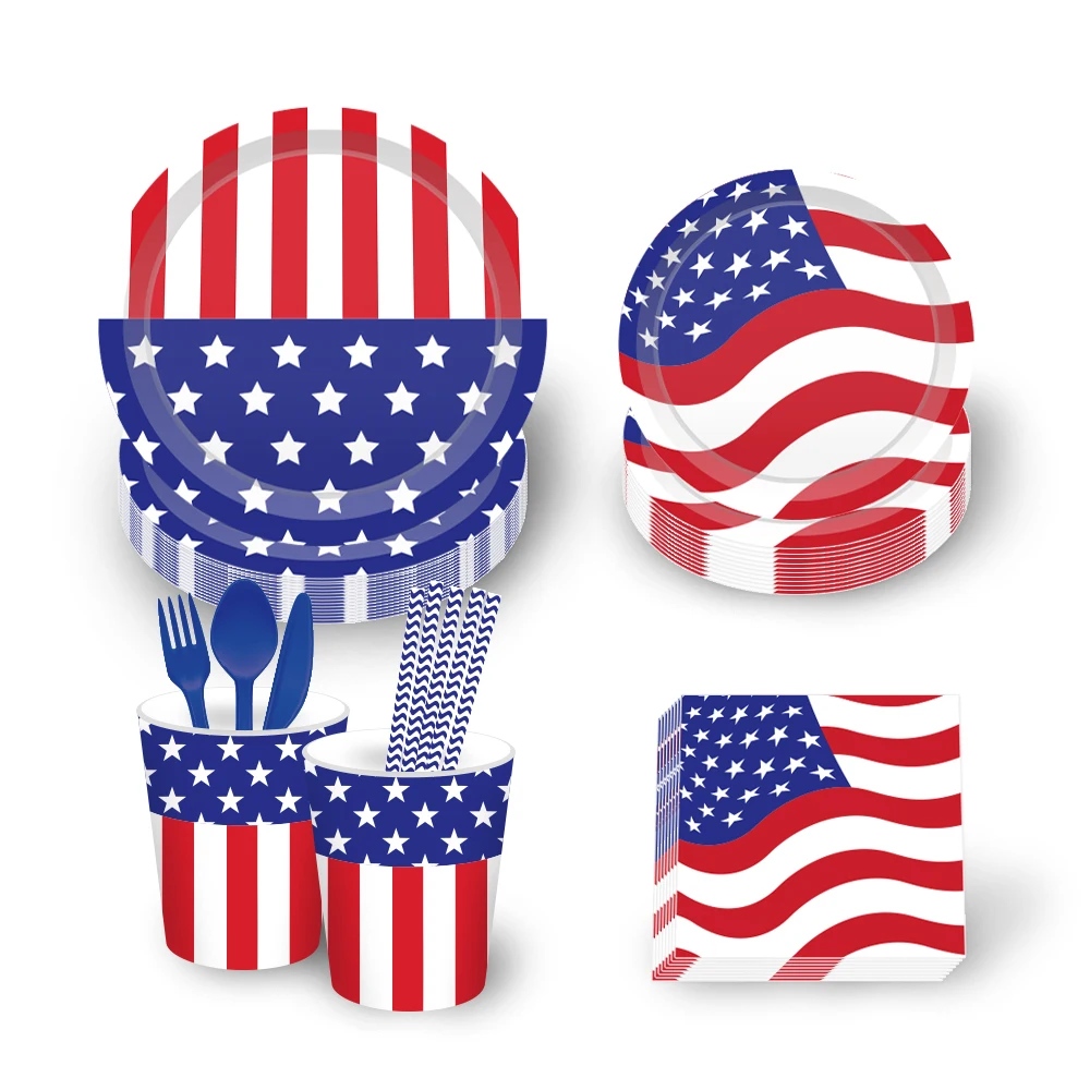 24pcs July 4th American National Day Party Decorations Disposable Plates Tableware United State Flag Supplies | Дом и сад