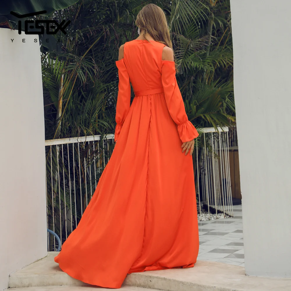 Yesexy 2020 Women Solid Color Deep V Sexy Summer Dress Long Sleeve Off the Shoulder Maxi Holiday VR20018|Женские платья| |