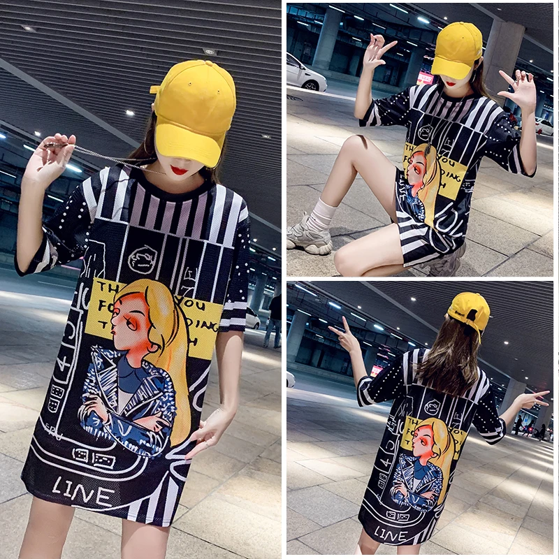 Summer short-sleeved dress female 2019 spring and summer new girl print mesh T-shirt long section quick-drying ice silk | Женская одежда