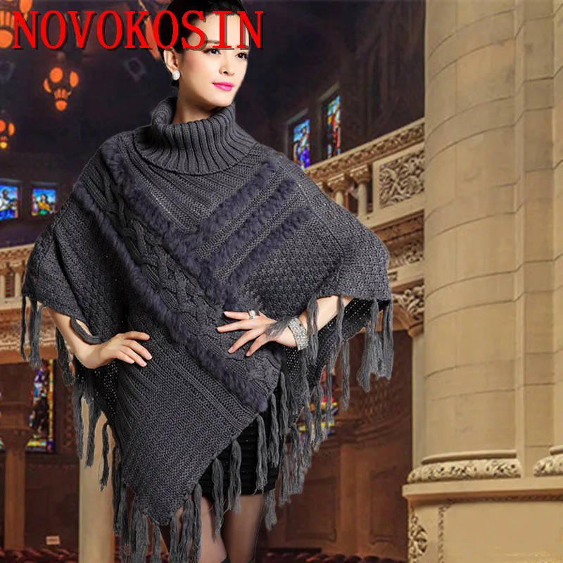 SC52 2018 Autumn Winter High Neck Loose Faux Rabbit Fur Knitted Tassel Poncho Women Black Patchwork Square Coat |