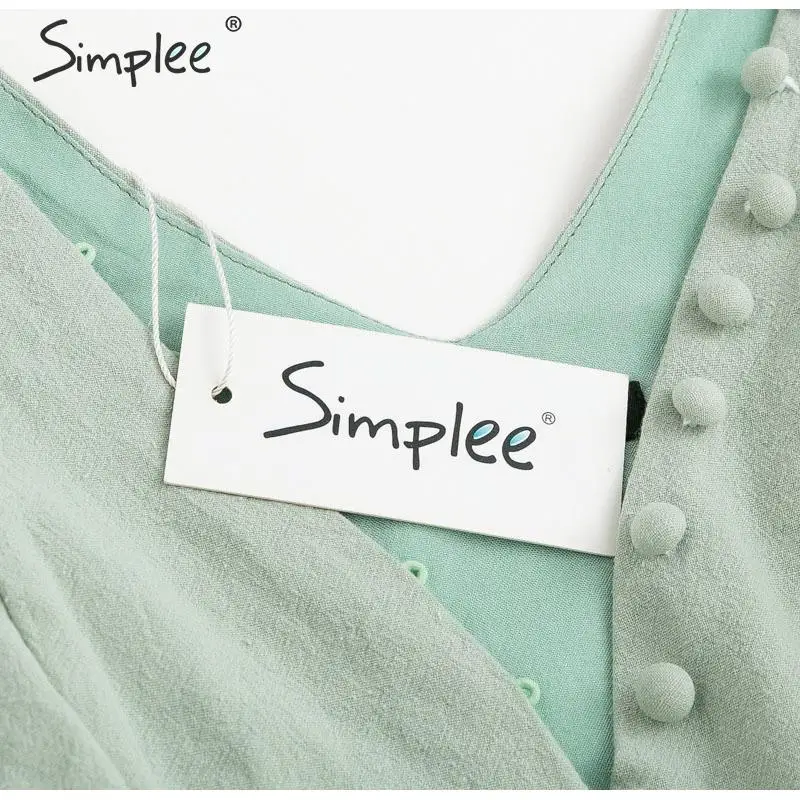 Женский льняной комбинезон Simplee, летний хлопковый короткий комбинезон с V-образным вырезом, на пуговицах с оборками, женский повседневный светло-зеленый комбинезон