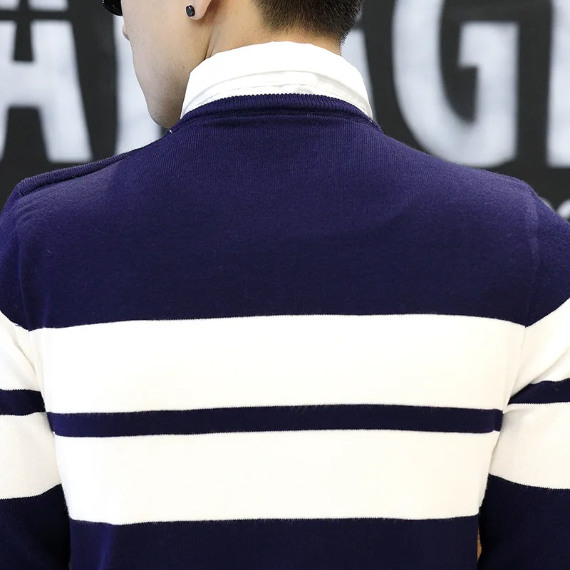 Men Winter Knitted Wear Fashion Patchwork Mens Warm Sweaters Striped Pullover Male Slim Fit O-Neck Outwear HAOYU | Мужская одежда