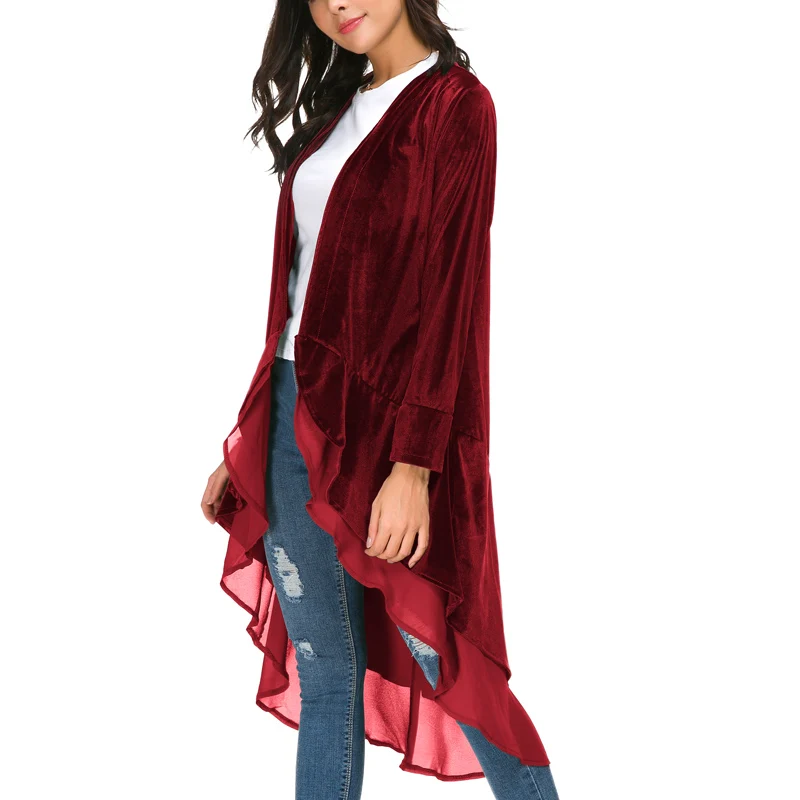Wine Red Urban CoCo Женский бархатный Кардиган с длинным рукавом, пальто с асимметричным шифоновым подолом, Однотонный свитер, женский кардиган, пальто - Цвет: Wine Red