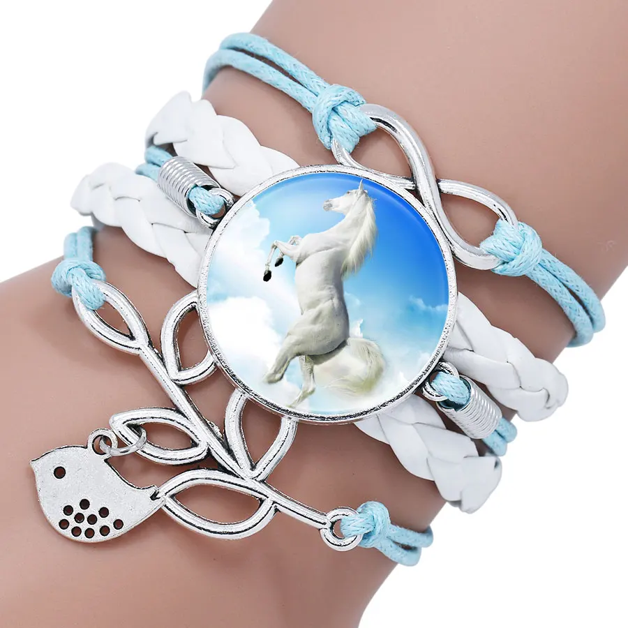 Trendy Horse Photo Glass Cabochon Black White Multilayer Leather Charm Bracelet For Women Heart Infinity Bracelets Gifts | Украшения и