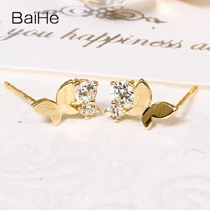 BAIHE Твердые 18K желтое золото 0.09CT H/SI круглые серьги с натуральными бриллиантами