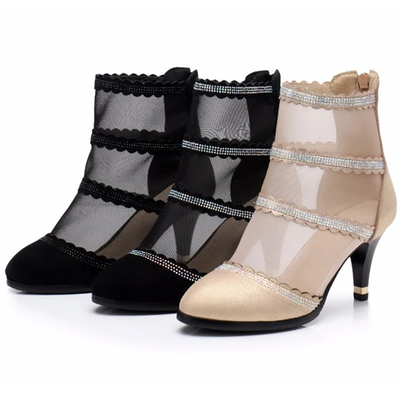 

MVVJKE Spring summer 2018 new fashion pointed toe crystal mesh shoes high heel woman ankle boots for women big size botas mujer