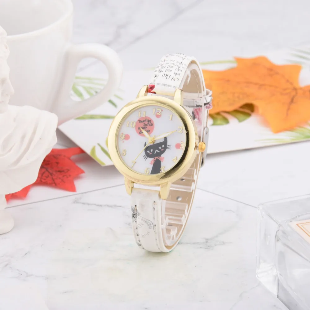 8SEASONS PU Leather Watchband Cute Cat Pattern Gold Color Quartz Wrist Watches Women Ladies Watch Clock Trendy Jewelry 1 Piece | Наручные