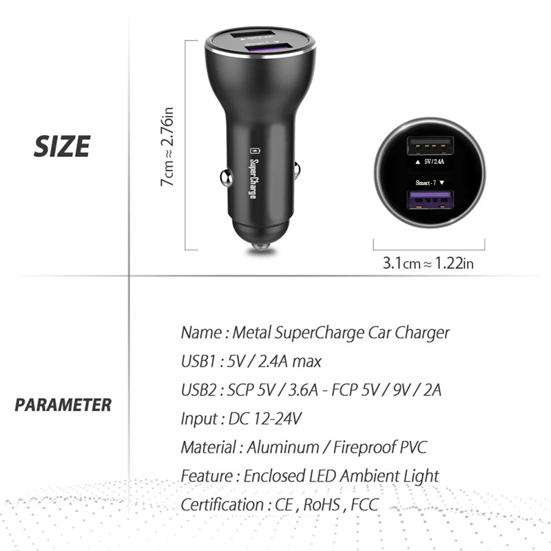 Для Huawei Supercharge автомобильное зарядное устройство Металл FCP быстрое для P20 P10 P9 Plus