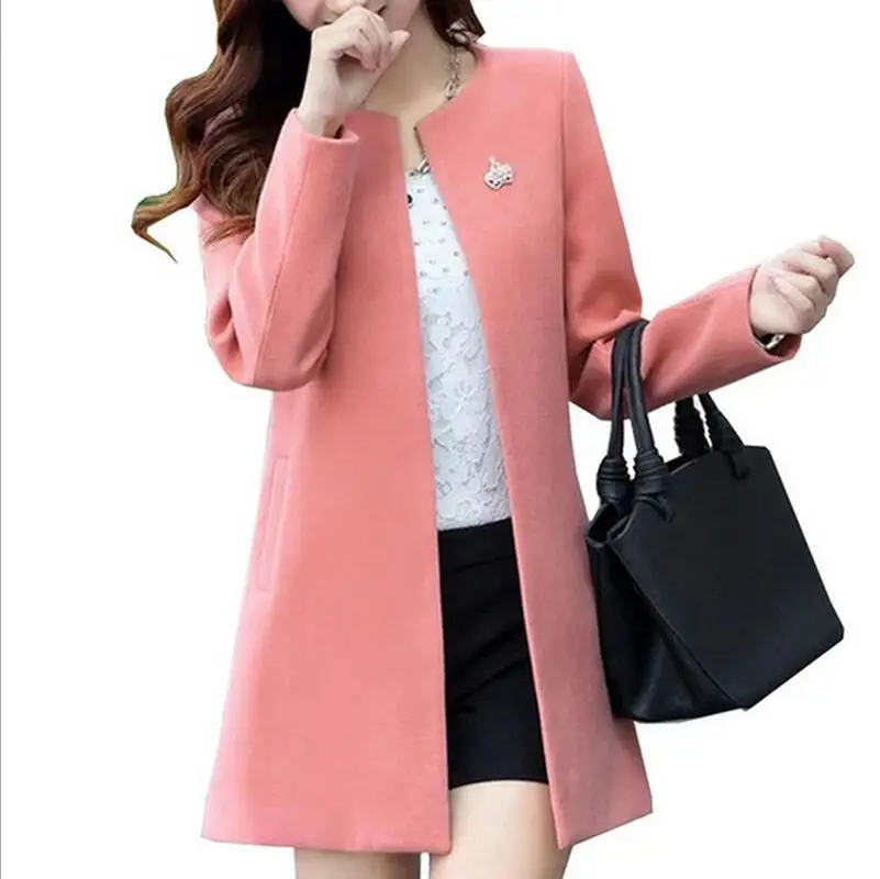Pink Модные женские пальто с круглым вырезом и длинными рукавами, одноцветные шерстяные свободные кардиганы, осенняя тонкая верхняя одежда - Цвет: Pink