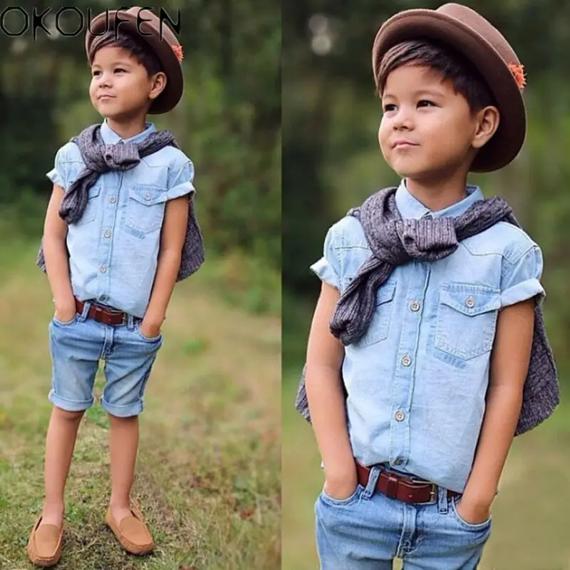 2pcs Kids Baby Boys Denim Suit Short Sleeve T-shirt+Shorts Summer Outfits Sets | Детская одежда и обувь