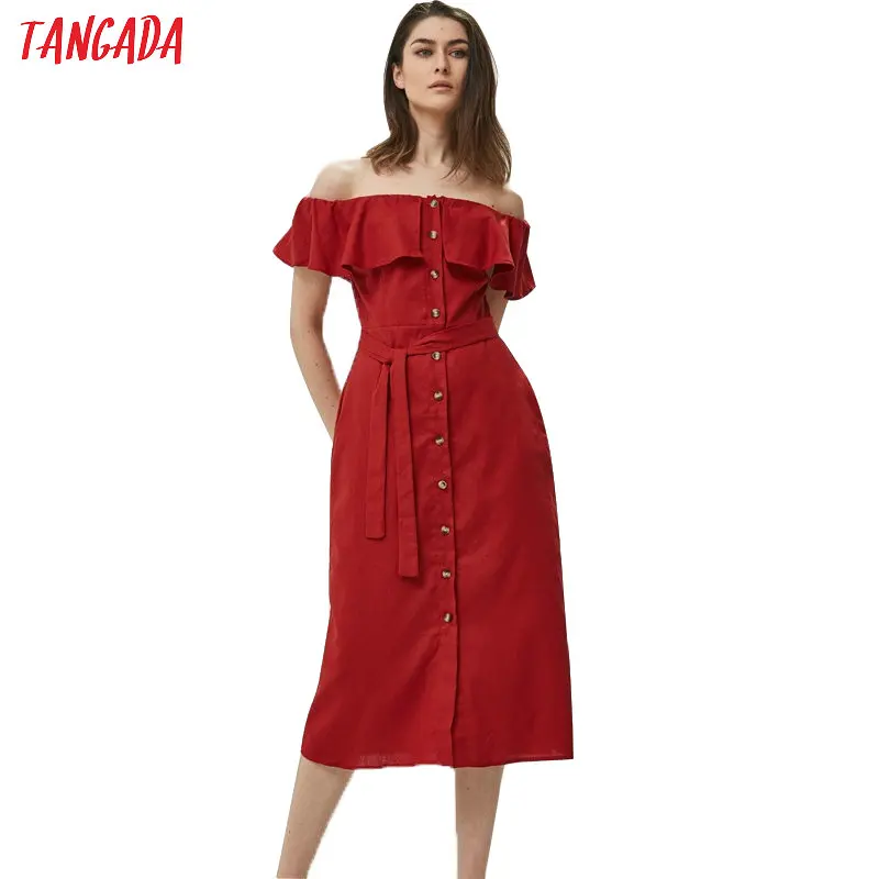 Tangada платье с открытыми плечами платье на пуговках летнее платье платье хлопок красное платье платье длина миди платье ниже колена хлопковое платье платье с поясом 3H5