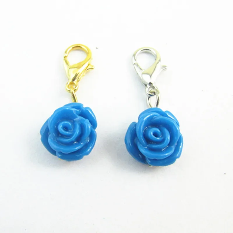 Hot Selling Blue Rose Flowers Dangle Charms With Gold&ampSilver Lobster Clasp Charm Fit DIY Bracelet Necklace Locket Jewelry 20PCS |