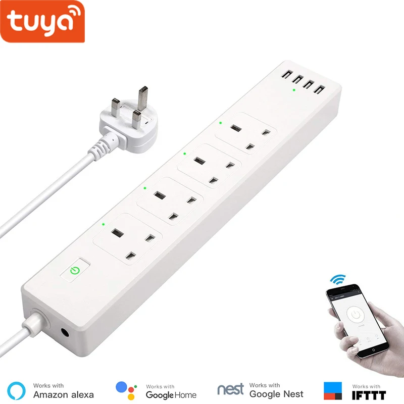 UK standard Tuya smart wifi power strip стандарт ЕС с 4 разъемами и 4 usb-портами, совместимыми с Amazon Alexa и Google Nest - Комплект: UK standard
