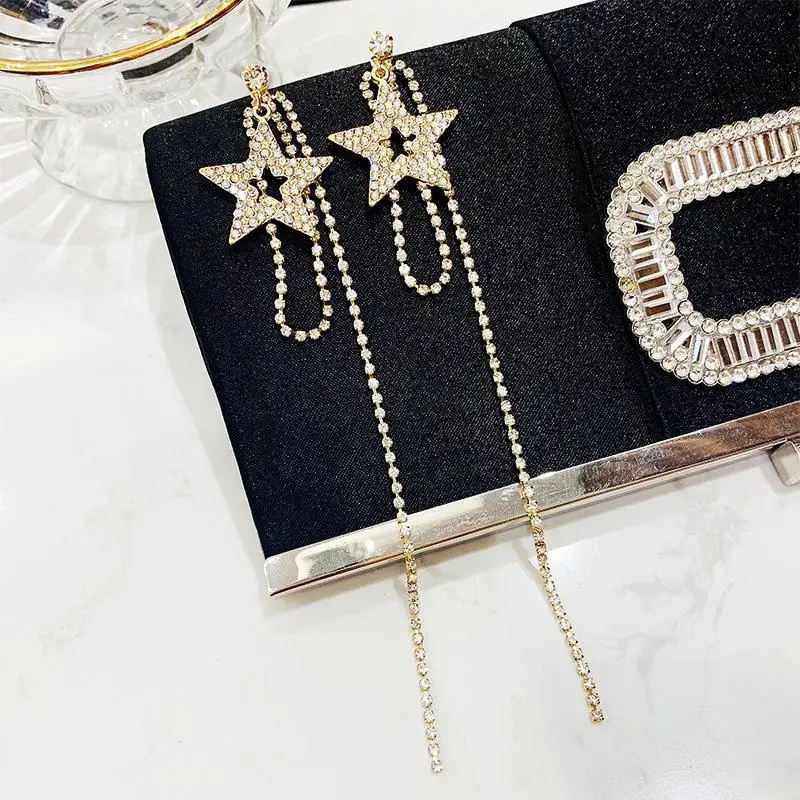 Dominated personality exaggerated crystal Star fashion Women temperament long metal tassel Drop earrings - Окраска металла: Золотой цвет