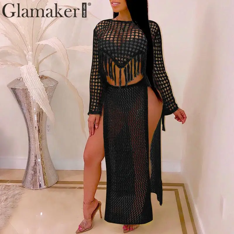 Glamaker, сексуальное трикотажное платье, женское, длинный рукав, высокий разрез, элегантное, макси платье, вечерние, для клуба, с кисточками, два предмета, костюм, платье