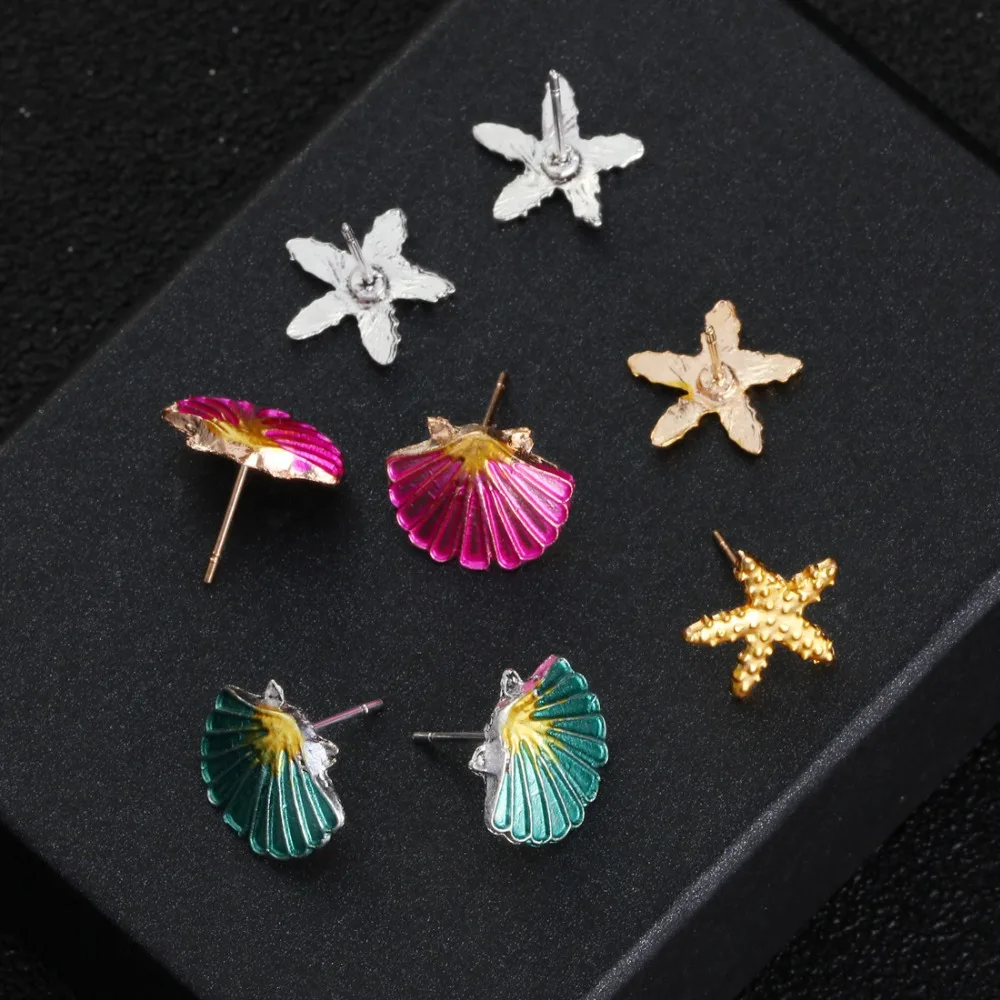 4Pairs/set 2018 Trendy Colorful Conch Stud Earring Seashell Earrings Women Beach Starfish Set Bohemian Jewelry | Украшения и