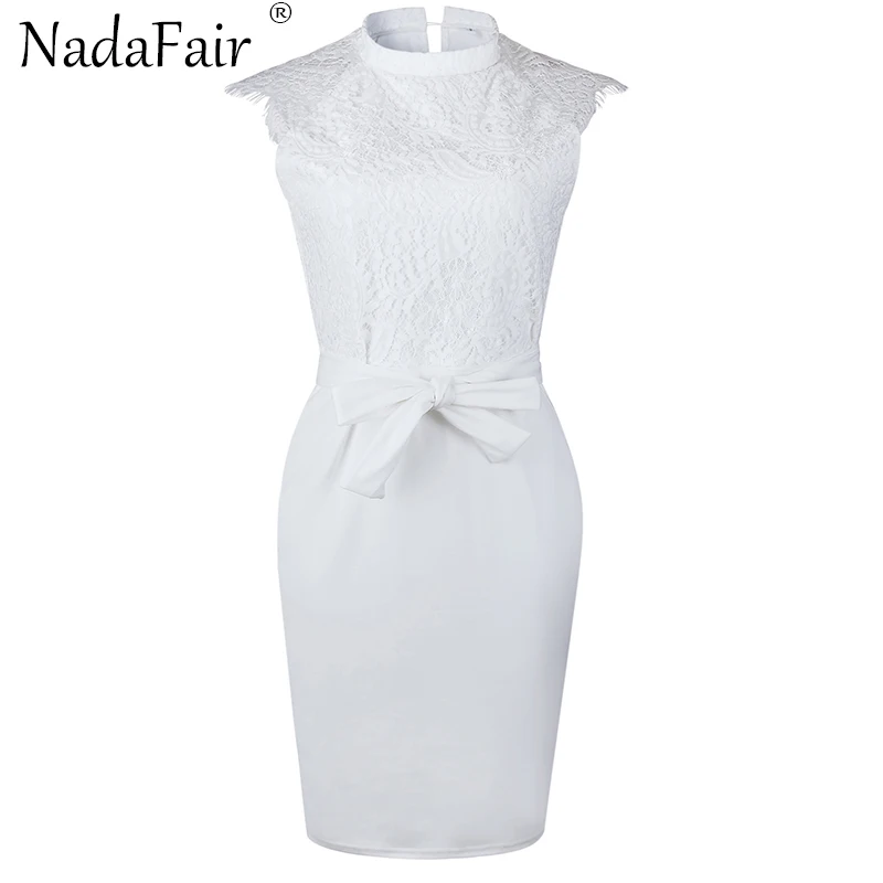 Nadafair, новая мода, водолазка, без рукавов, белое кружевное вечернее платье, женское, пояс, галстук-бабочка, элегантное платье, vestido