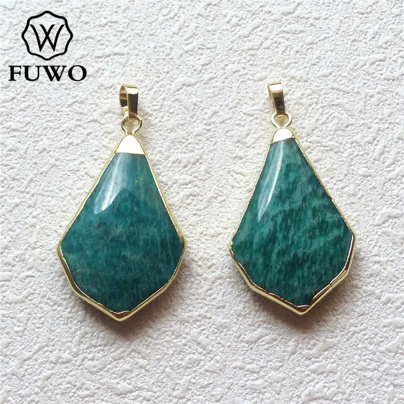 

FUWO Natural fan-shaped Amazonite Stone Pendant With 24K Gold Electroplated Edge Fashion Green Gem Stone Pendant PD176