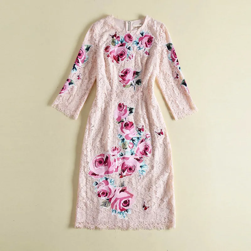 2019 spring and summer European station lace printed applique rose print Slim American big embroidered midi dress | Женская одежда