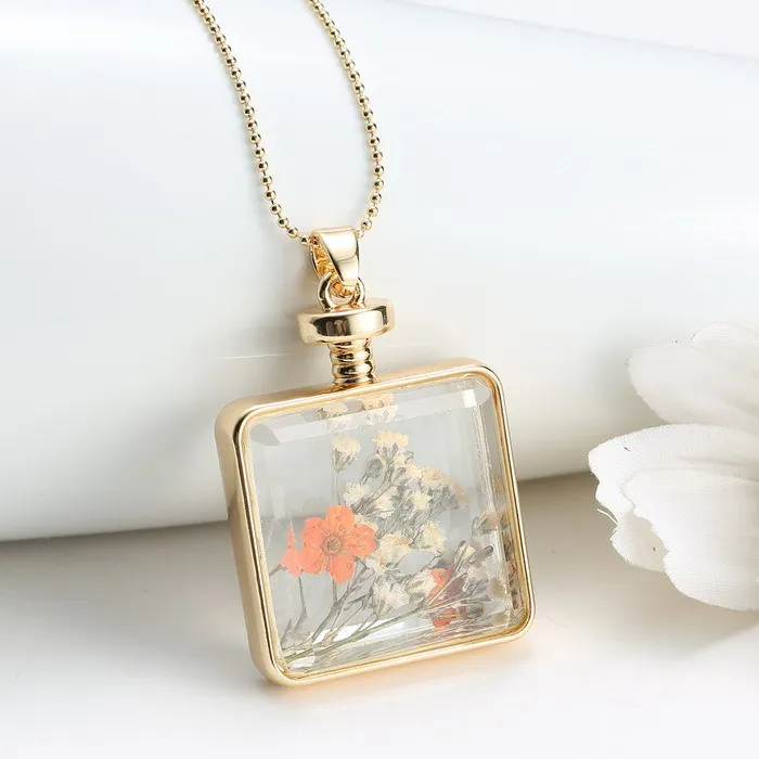 Натуральный прозрачный стеклянный медальон с сушеными цветами ожерелья цепочки