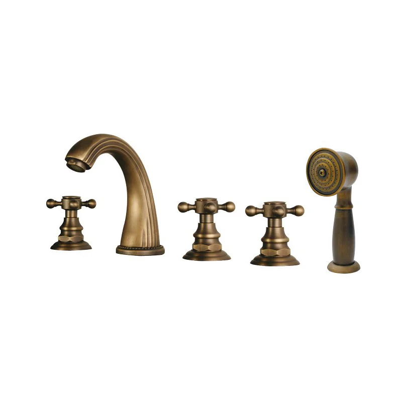 

Freeshipping Fashionable Tap Bathroom Brass Mixer Three handles Five holes Surface Mounted antique tub faucet HY-676