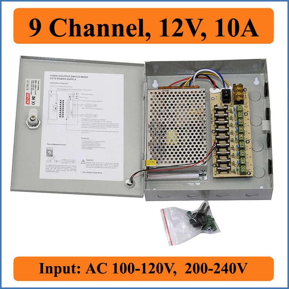 9 channel DC 12V 10A CCTV Camera Power Box Switching Suply BOX for Video 9CH Ports Input AC 100-240V to DC12V | Обустройство дома