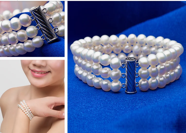 

Wedding Woman Gift 6-7mm Natural White Round Freshwater Pearl 3 rows Bracelet Silver Clasp Handmade Woman Jewelry