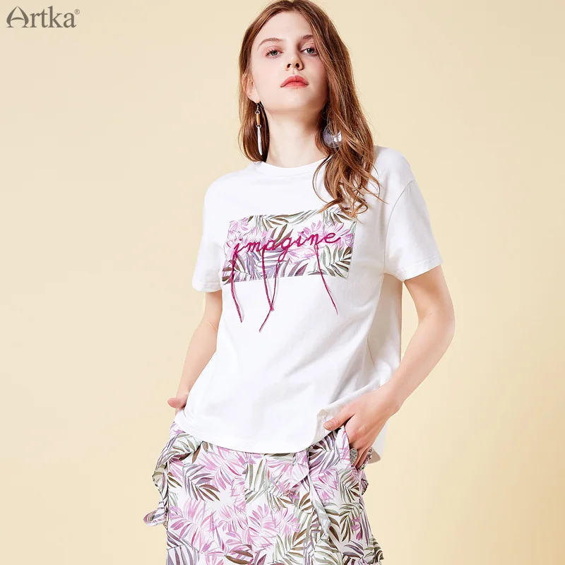 ARTKA 2019 Летняя женская хлопковая Повседневная футболка с цветочным принтом и