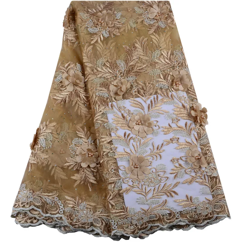 

African French 3D Flowers Tulle Net Lace Fabric With Beads Fashion Nigerian Wedding African Lace Fabrics For Women Dress 1473