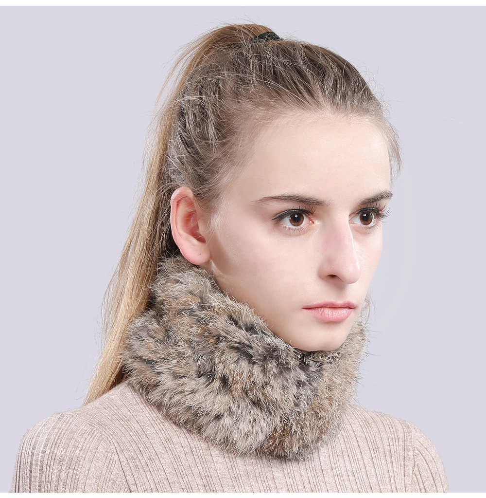 Women Real Fur Handmade Stretch Fur Scarf Knit Genuine Rex Rabbit Fur Headbands Girls Natural Fur Ring Cowl Snood Scarves Winter