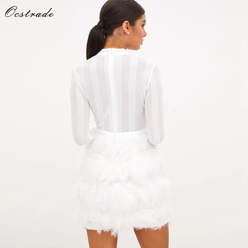 Ocstrade Vestido Бандажное платье Новое поступление сексуальное женское черное перьевое Платье женское Сетчатое облегающее платье с длинным рукавом для вечеринок