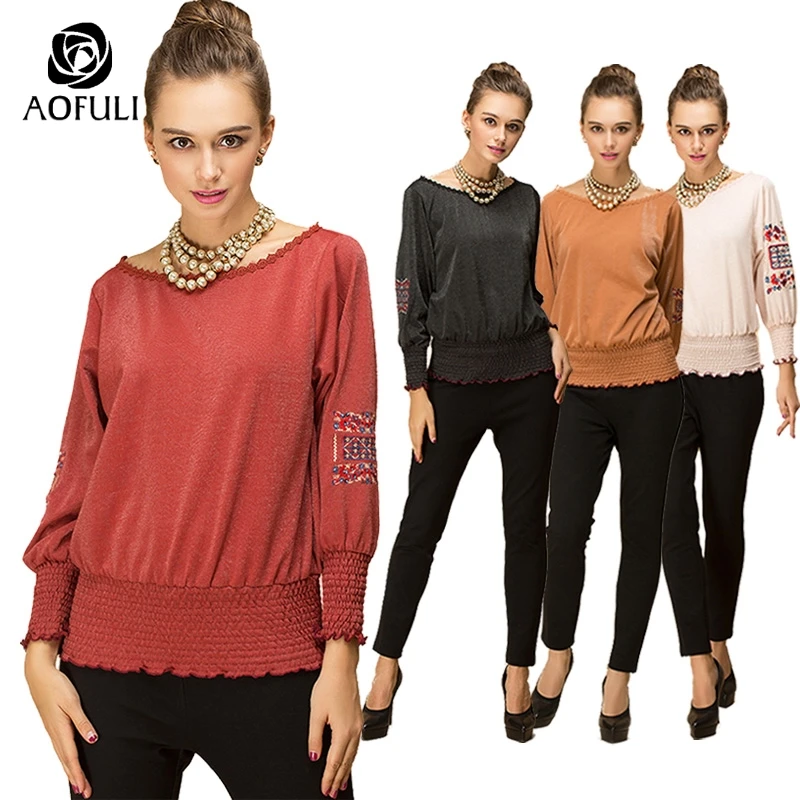 Блузка с длинным рукавом и вышивкой AOFULI B6369 L ~ 3xl 4xl 5xl|embroidered blouse|casual topstop floral |