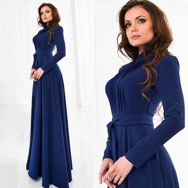 Fashion Women's Slim Long Sleeve Pleated Dress Cocktail Party Full Length Lady Dresses | Женская одежда