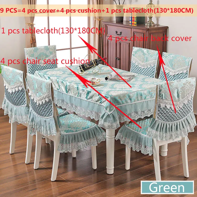 Green 9pcs Европейский кружевной пылезащитный комплект скатертей с вышивкой для банкета, прямоугольной формы, для украшения дома, для обеденного стола, чехол на спинку стула, подушка для сиденья - Цвет: Green 9pcs