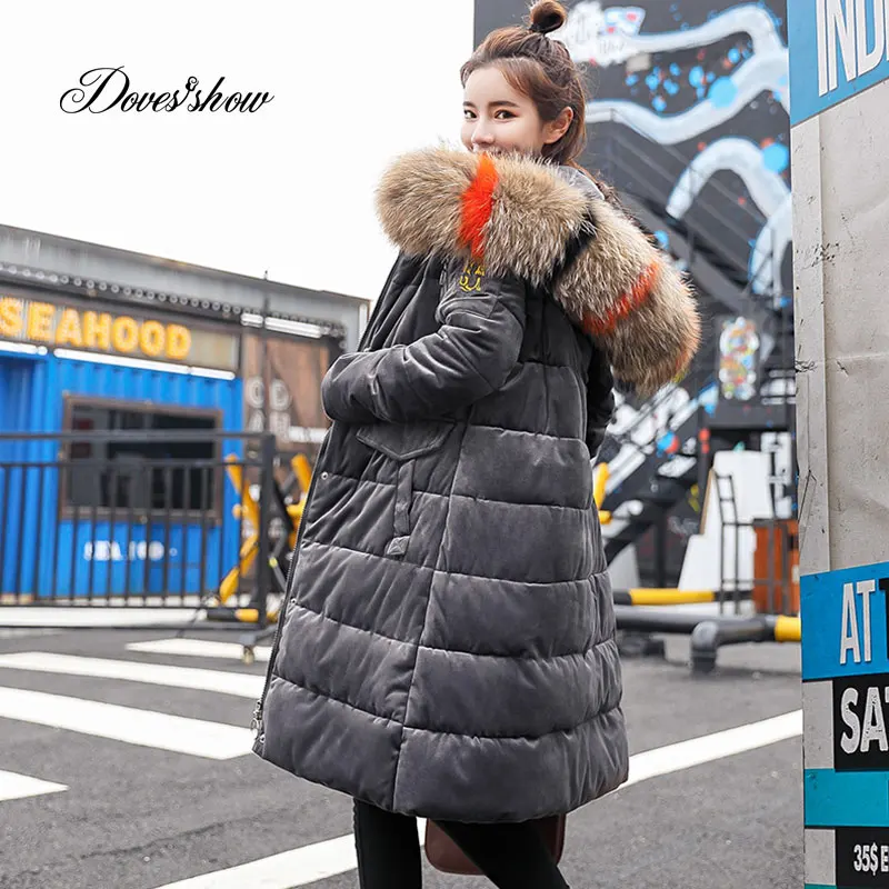 Пуховик с меховым воротником длинный теплый пуховик хлопковой подкладкой для