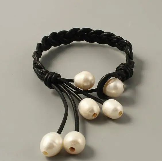 

Luck PearlJewellery Genuine Freshwater Pearl Bracelet , Leather Pearl Bracelet,White Pearl Black Leather Bracelet Free Shipping