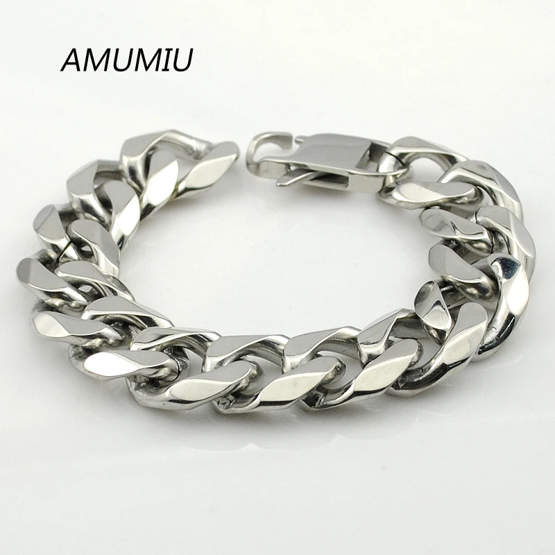

AMUMIU 22cm*18mm Big Heavy Chunky Stainless Steel Bracelet Men Jewelry Chain Link Cuban Chain 2017 PUNK ROCK,Biker,gift HZB056