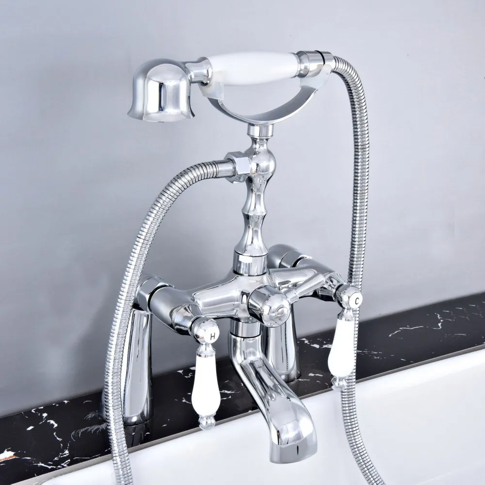 

Polished Chrome Deck Mounted Bathroom Tub Faucet Dual Handles Telephone Style Hand Shower Clawfoot Tub Filler atf763