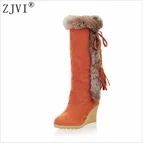 ZJVI/женские сапоги из нубука на танкетке; цвет черный, красный, синий; женские сапоги до бедра на плоской подошве; коллекция года; женская модная обувь с круглым носком; сезон весна-осень